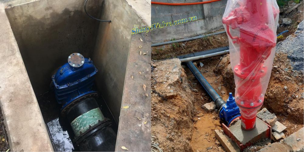 van cổng ty chìm nắp chụp Shinyi với trụ pccc