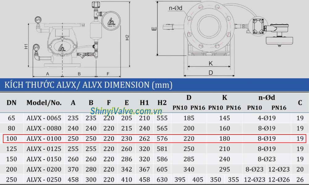 kích thước van shinyi ALVX DN100