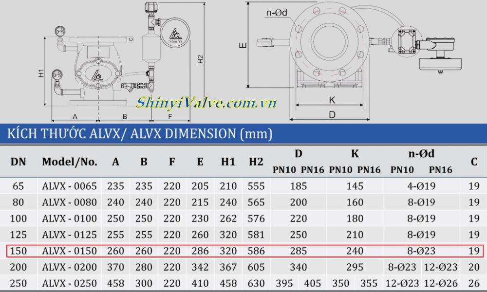 kích thước van shinyi ALVX DN150