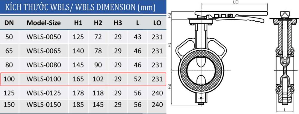 kích thước van shinyi WBLS DN100