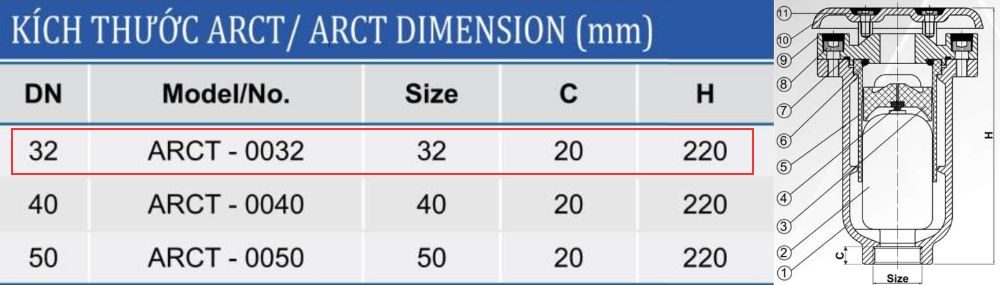 kích thước van xả khí shinyi ARCT DN32