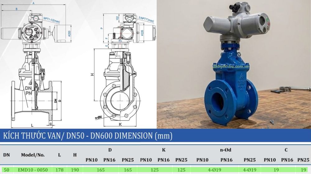 chi tiết cỡ van cổng điện shinyi emd dn50