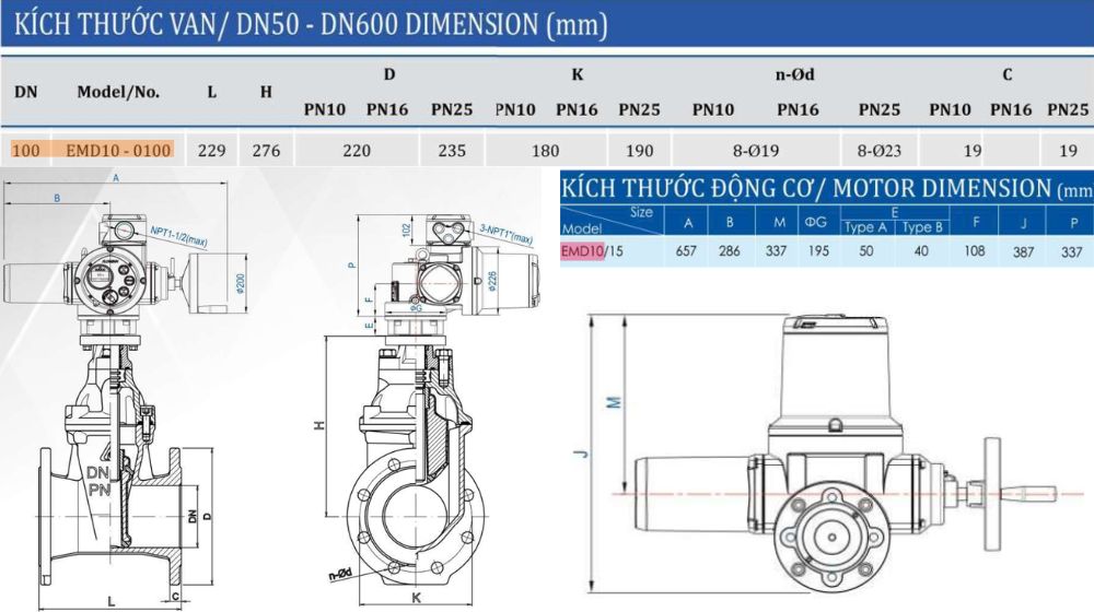 chi tiết kích thước của van cổng điện shinyi emd dn100