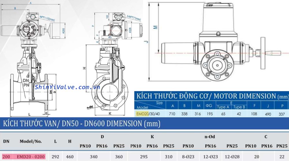 kích thước của van cổng điện shinyi emd dn200