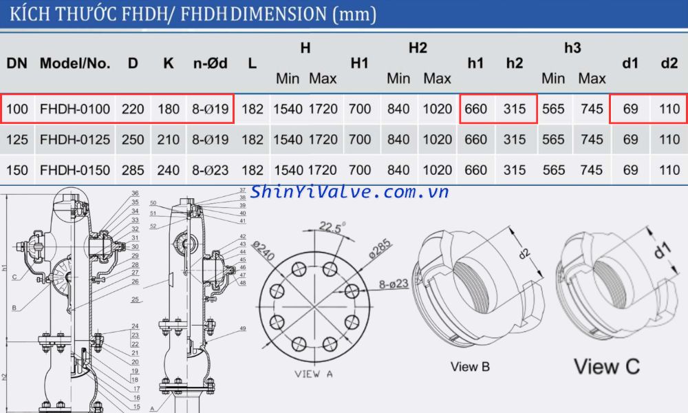 kích thước trụ shinyi FHDH DN100