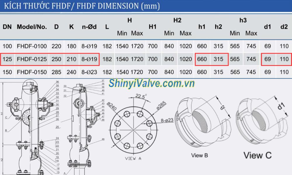 kích thước trụ shinyi FHDH DN125