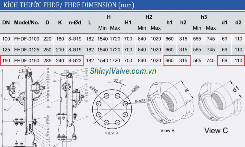 kích thước trụ shinyi FHDH DN150