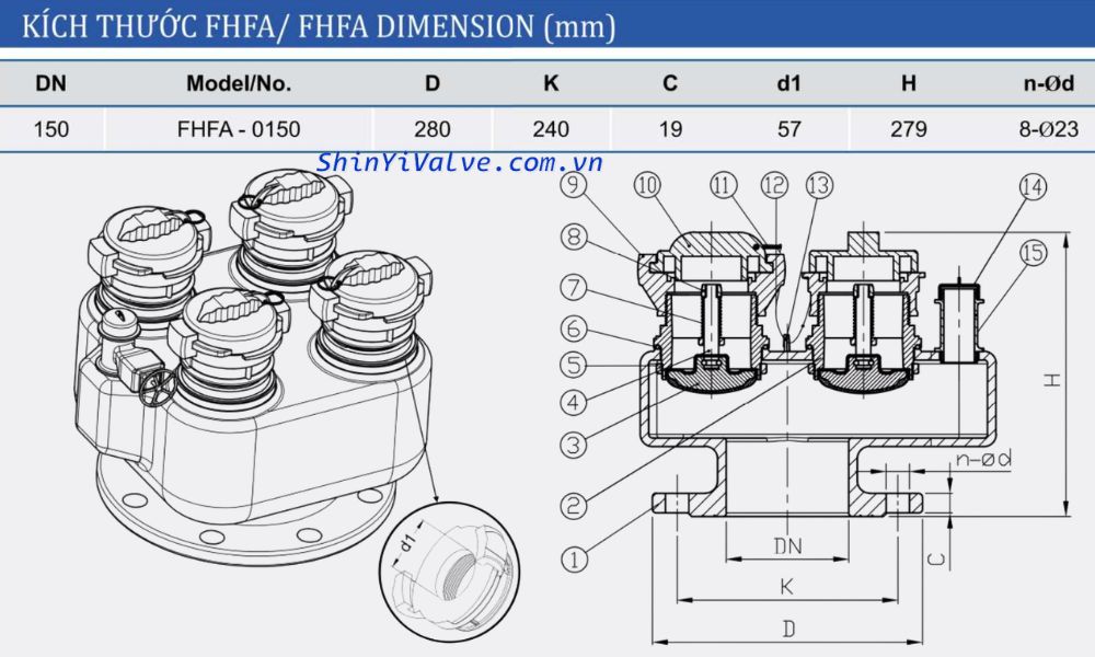 kích thước trụ shinyi FHFA DN150