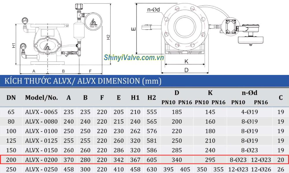 kích thước van shinyi ALVX DN200