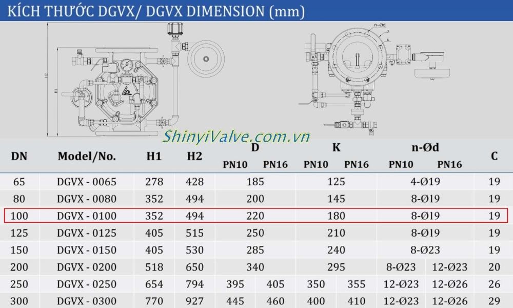 kích thước van shinyi DGVX DN100