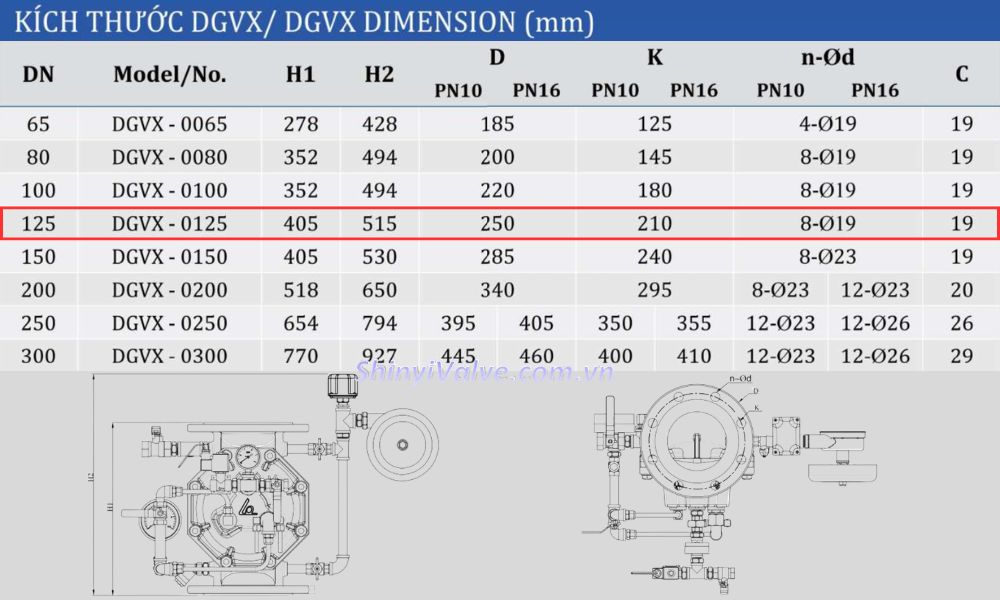 kích thước van shinyi DGVX DN125