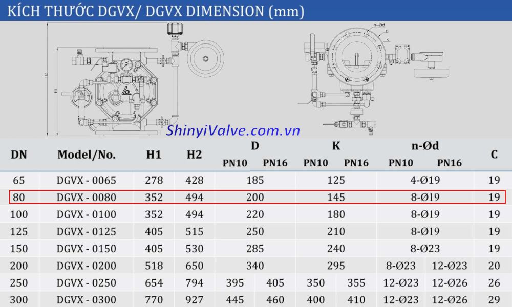 kích thước van shinyi DGVX DN80