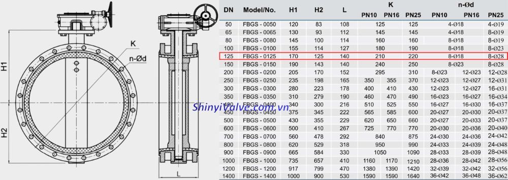 kích thước van shinyi FBGS DN125