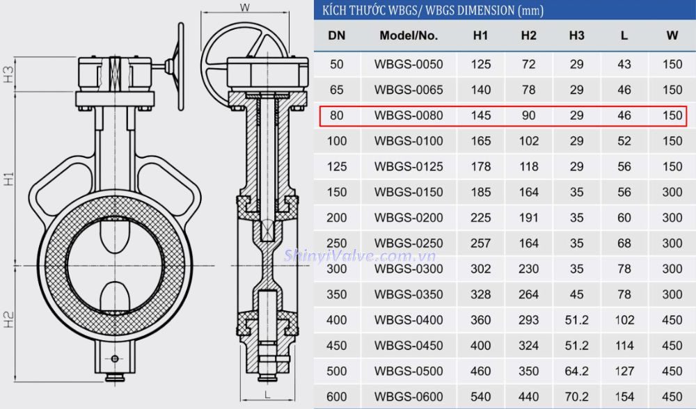 kích thước van shinyi WBGS DN80