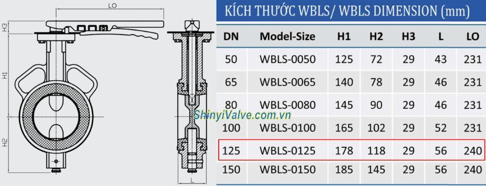 kích thước van shinyi WBLS DN125