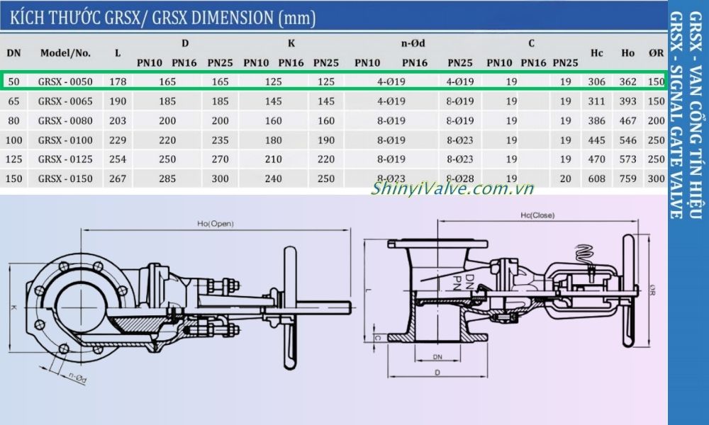 kích thước của van shinyi grsx dn50