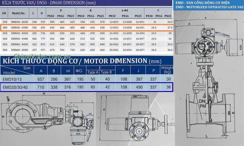 kích thước của van shinyi emd dn300