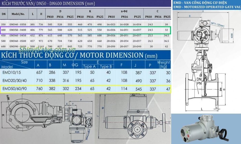 kích thước của van shinyi emd dn400