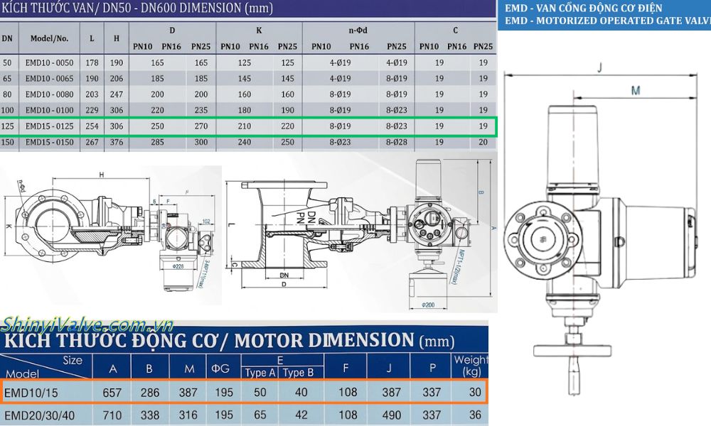 kích thước của van shinyi emd dn125