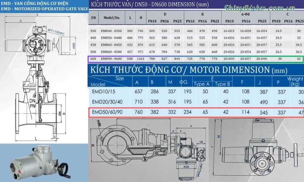 kích thước của van shinyi emd dn600
