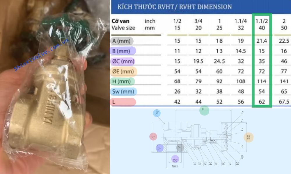 kích thước của van shinyi rhvt dn40